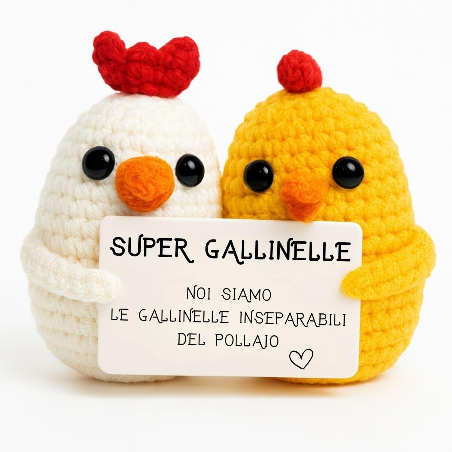 Super Gallinelle - due gallinelle all'uncinetto con cartolina in italiano