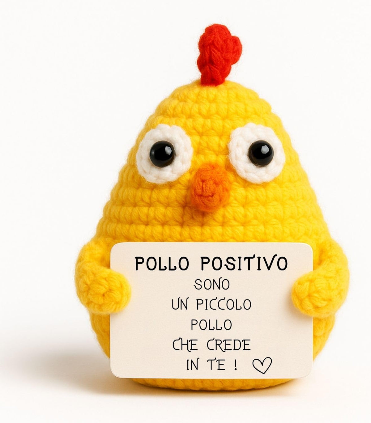 Pollo Positivo – peluche all'uncinetto con messaggio positivo