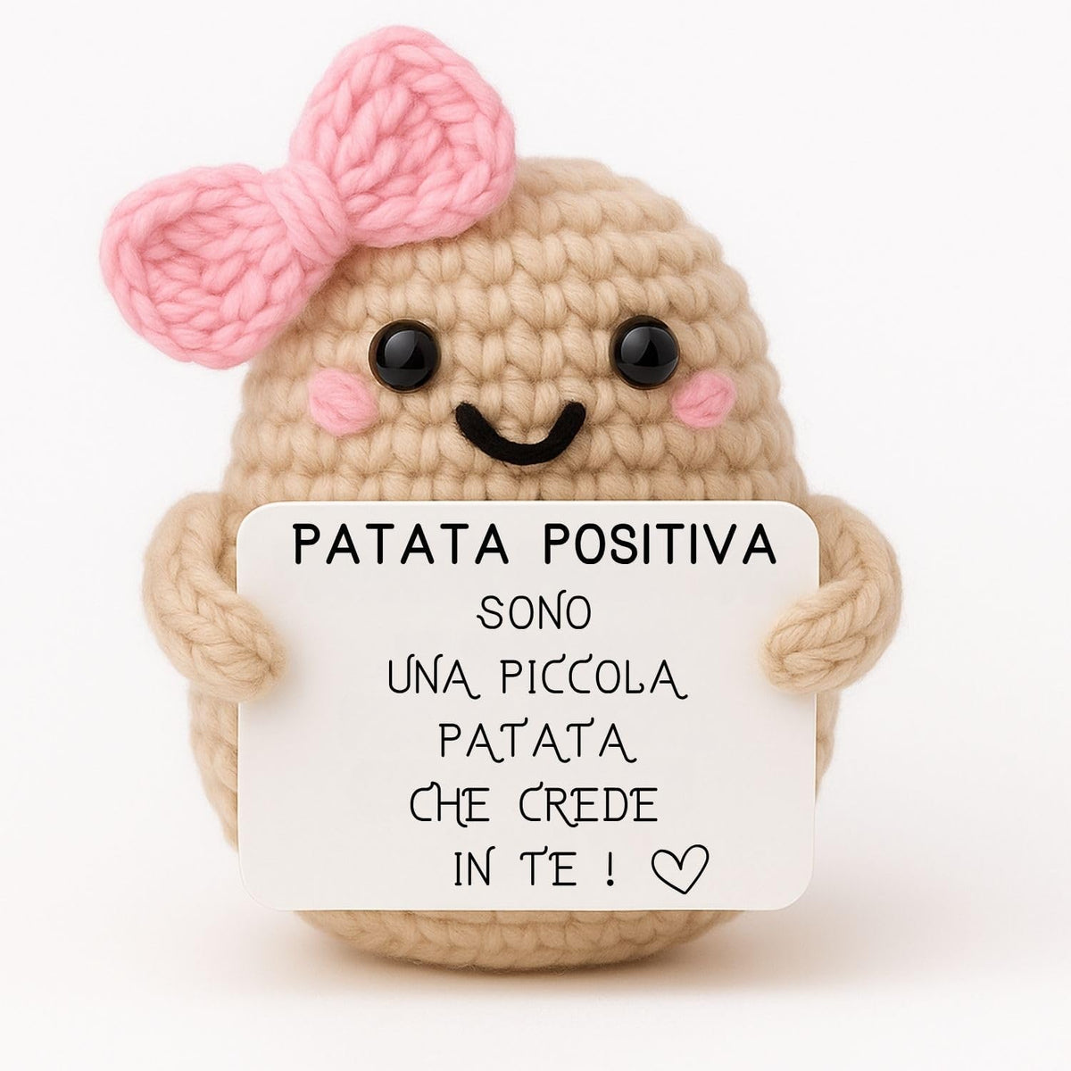 Patata Girl – patata all'uncinetto con fiocco rosa e messaggio positivo