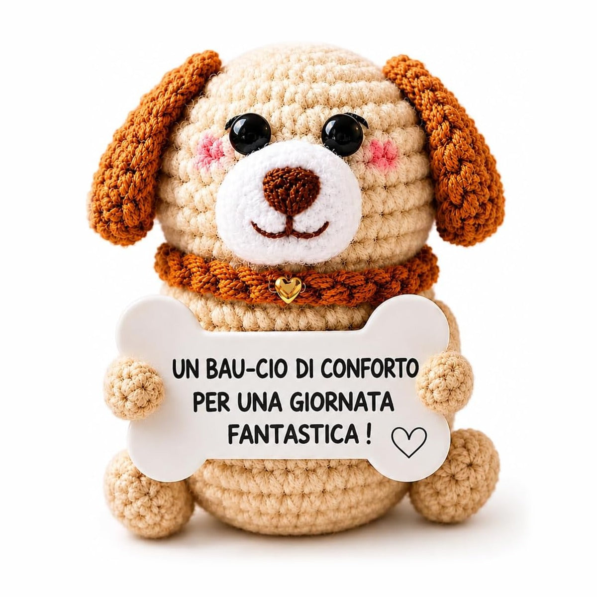 Cucciolo Positivo – cagnolino all'uncinetto con il messaggio «Un bau-cio di conforto»