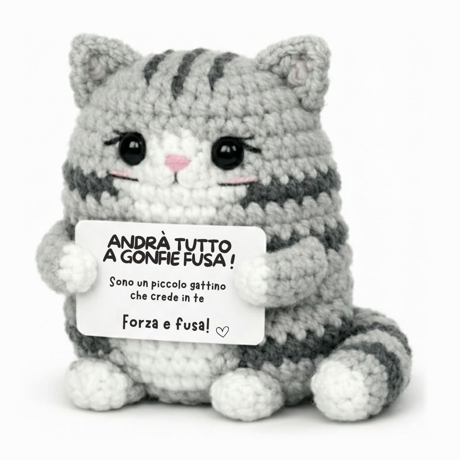 Gattino Positivo – gattino all'uncinetto con il messaggio «Andrà tutto a gonfie fusa!»