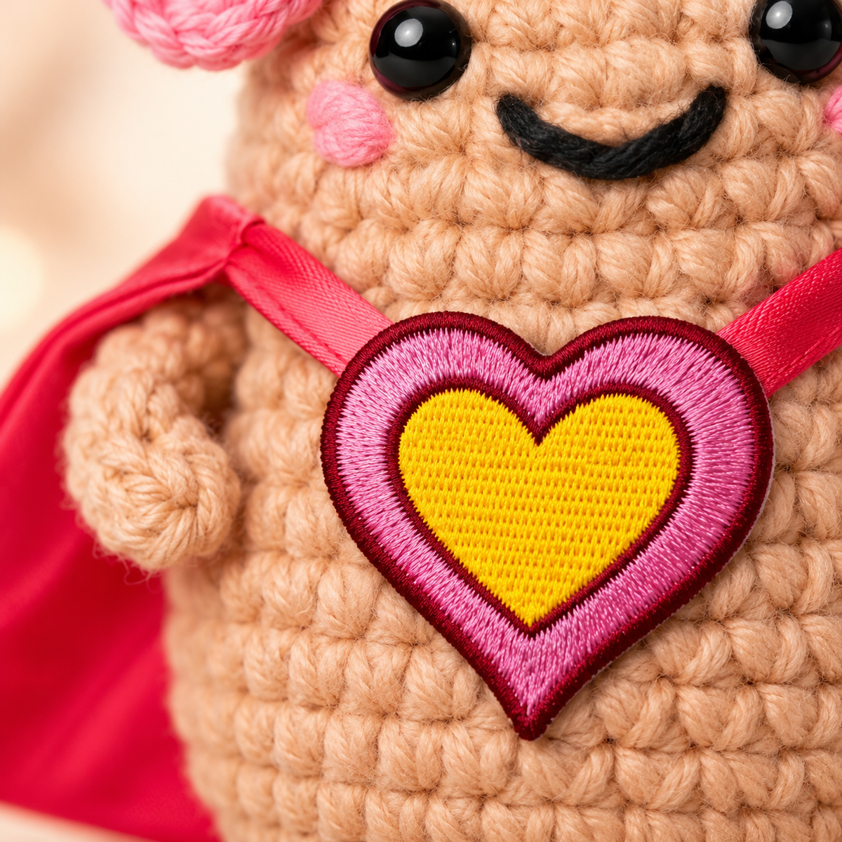 Gros plan sur les mailles de crochet, la cape satinée et l'écusson cœur brodé de Power Woman